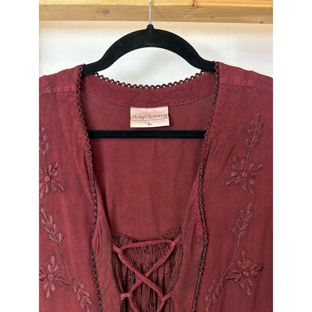 Holy Clothing Red Floral Embroidery Tie Front 3/4 Sleeve Top Size L - Picture 2 of 9